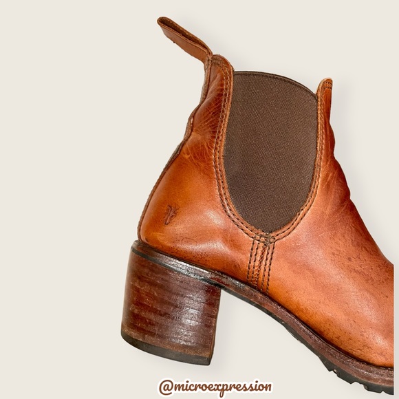 Frye Sabrina Chelsea Cognac Genuine Leather Pull On Stretch Heeled Ankle Booties - Picture 13 of 16